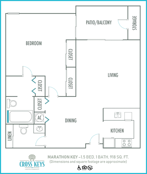 Floor plan for 1 bed, 1 bath, 835 sqft